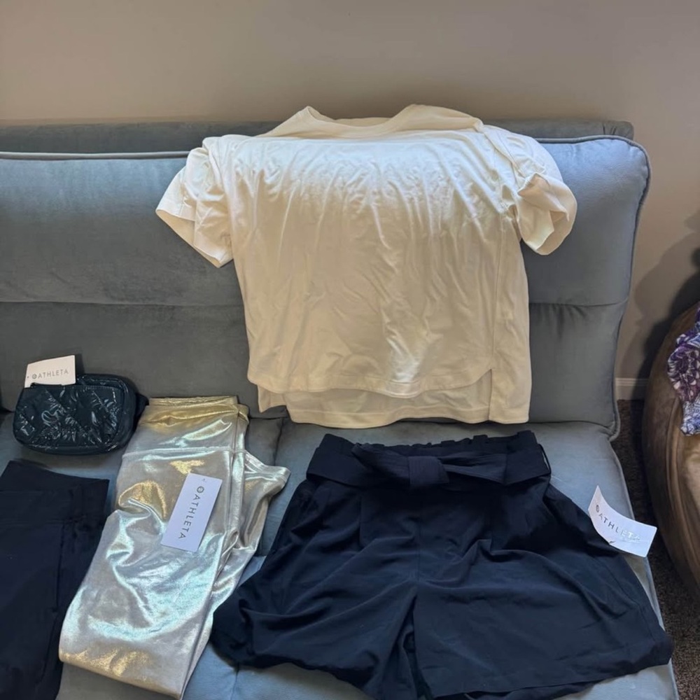 Athleta Cream Tee with Black and Silver Bottoms
